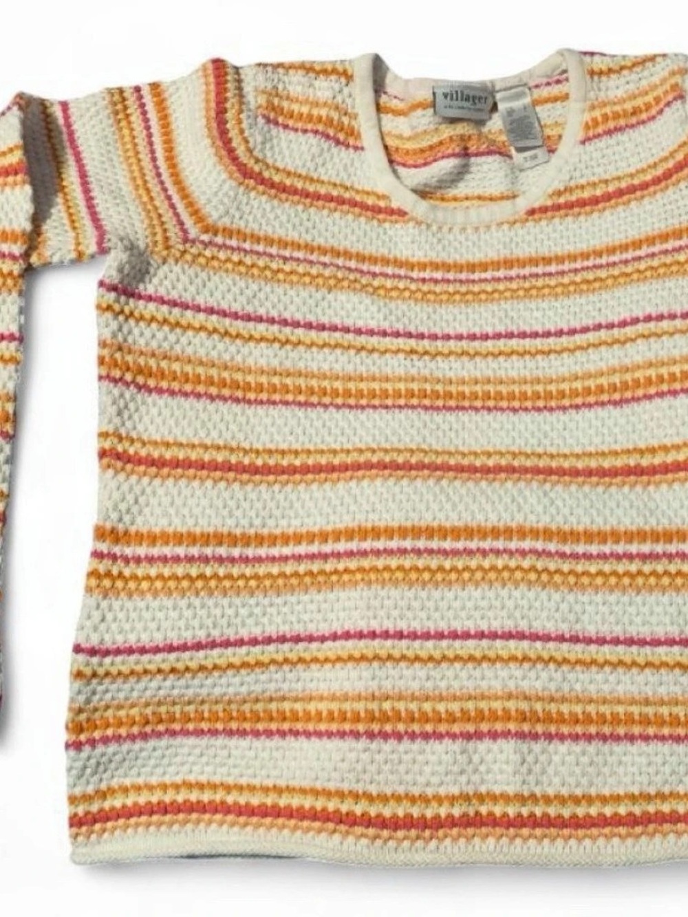 Vintage Villager Clothing cream, orange, and pink striped sweater in a L Knit